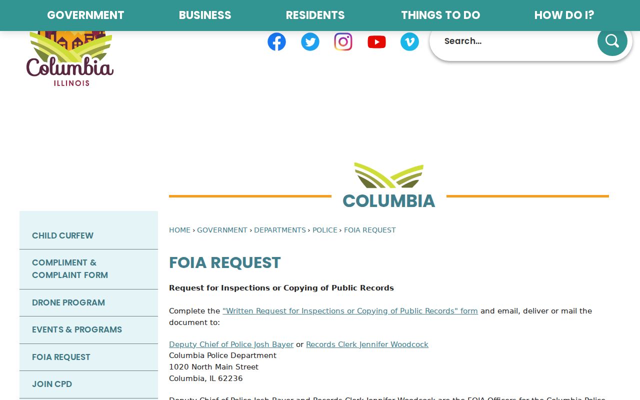 Columbia criminal history request through named Columbia Police FOIA officers