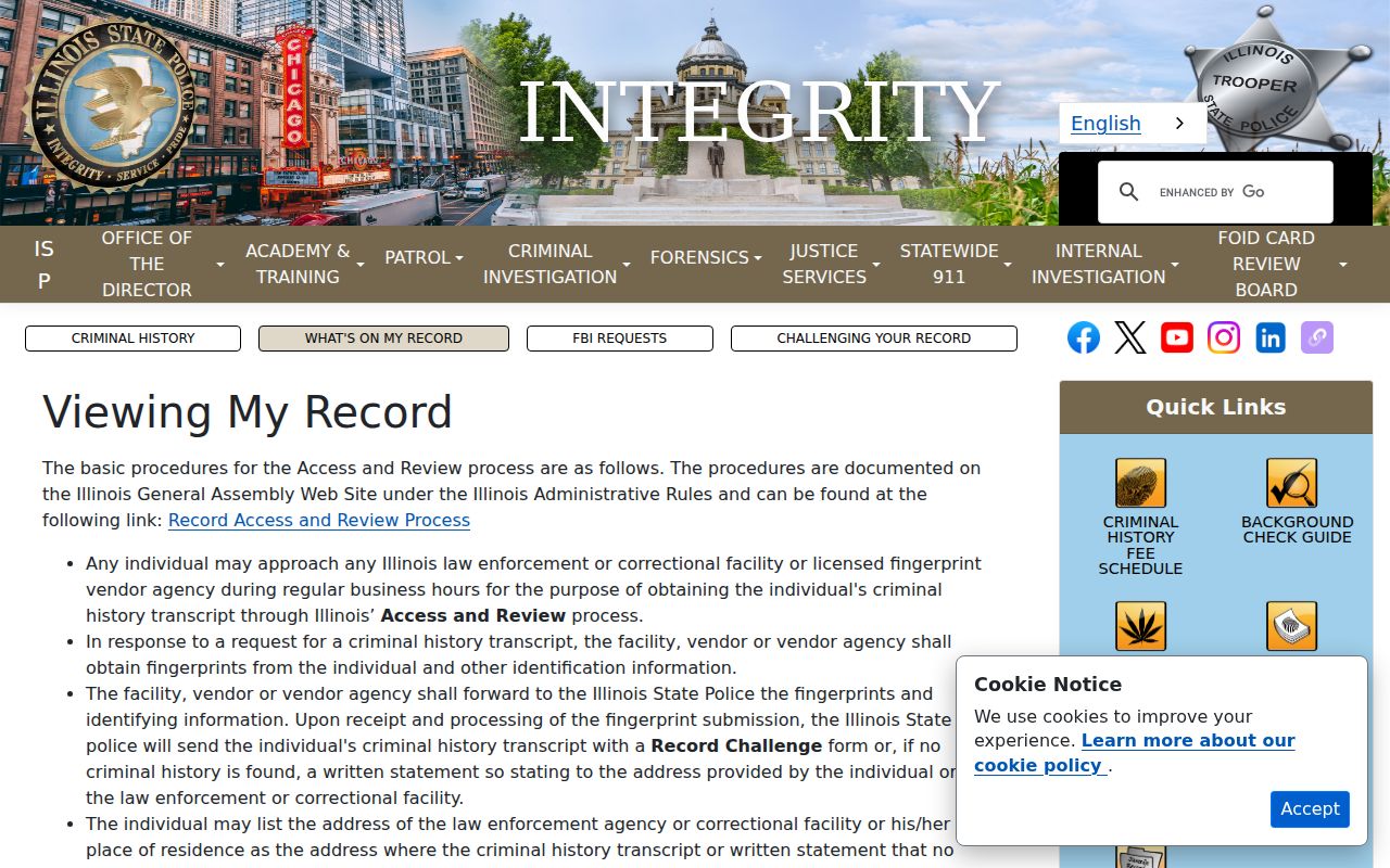 Illinois State Police Access and Review instructions for a personal criminal record